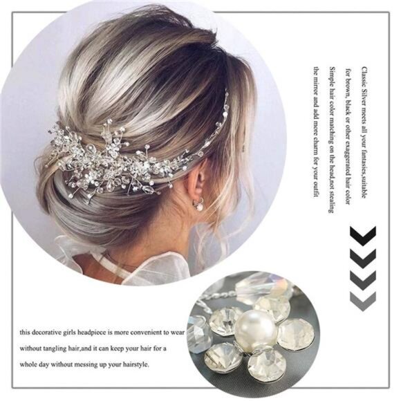Rhinestones Bridal Headbands Silver Crystal Pearl Hair Vine Flower Headpiece - Picture 7 of 8